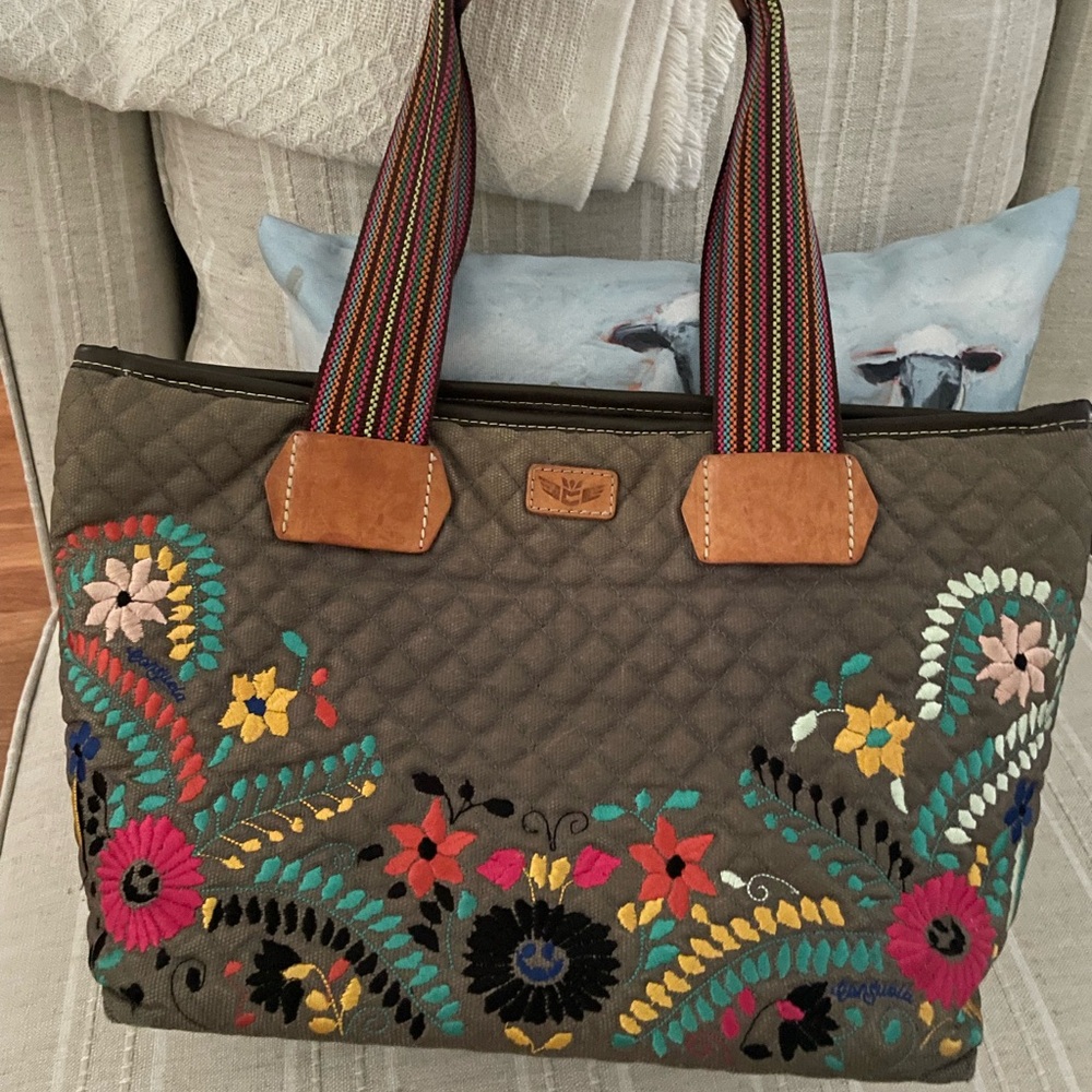 CONSUELA Embroidered Gray Brown Fabric Tote Bag with Multicolor Floral Accents